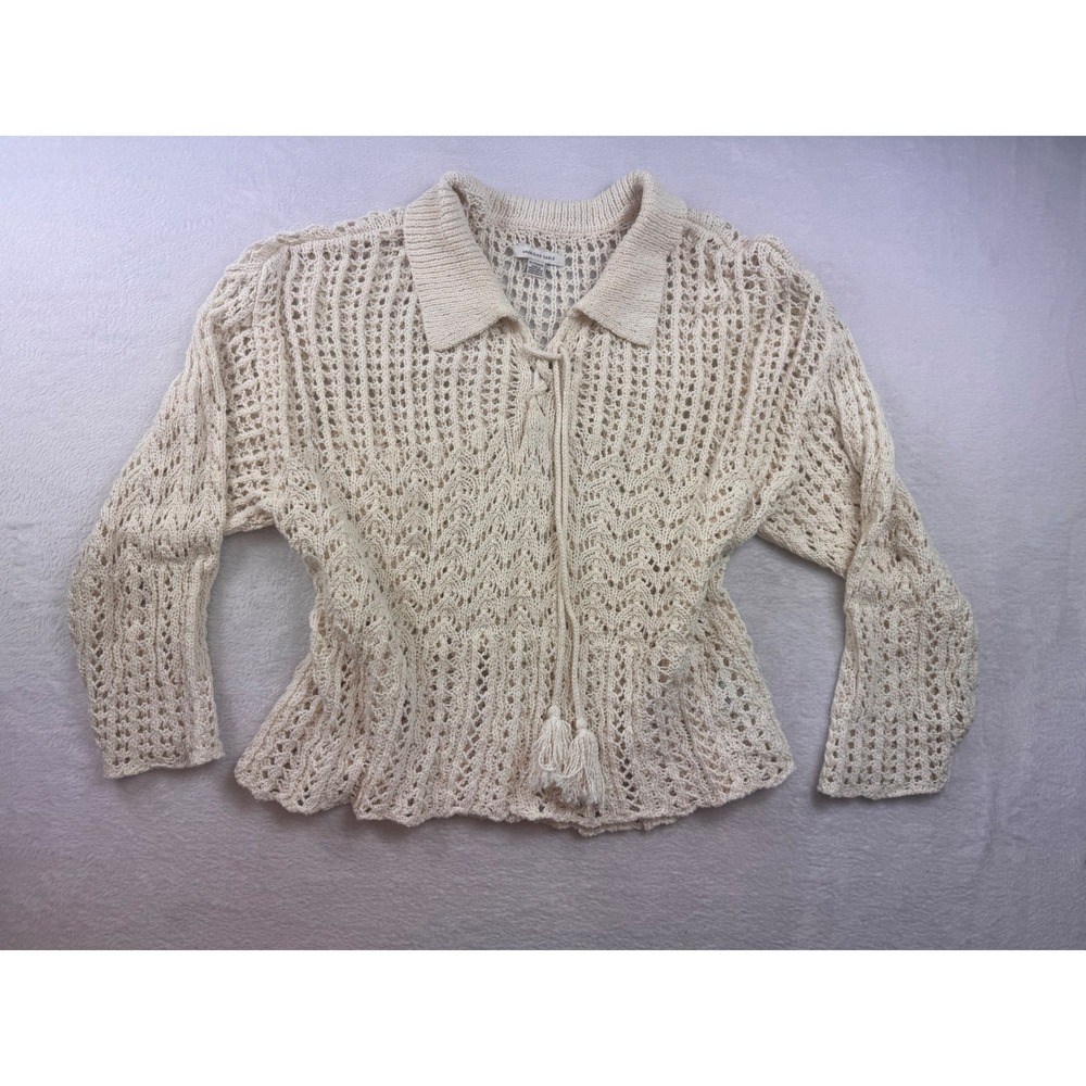 American Eagle Women XL Ivory Open Knit Crochet Tie Front Tassel Sweater Top